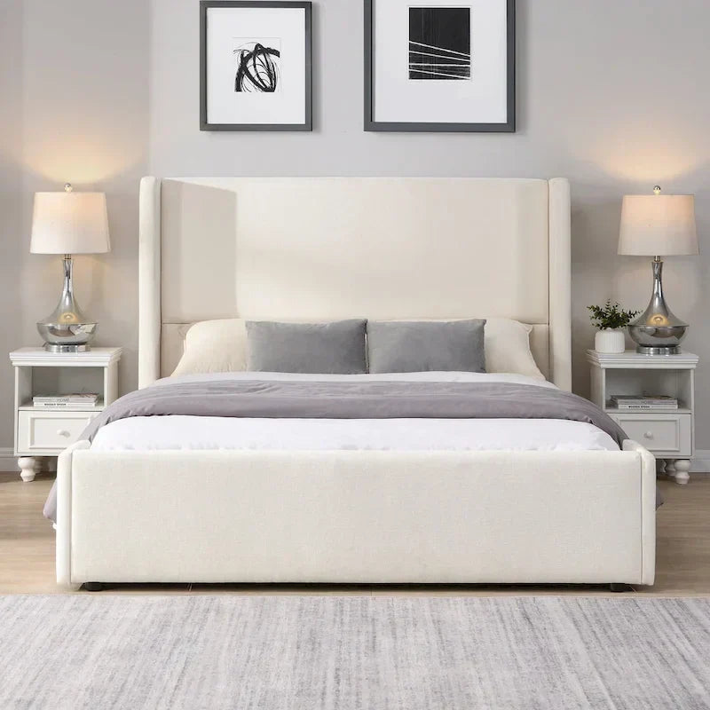 Isabella Queen White Upholstered Bed with Tall Wingback Headboard by Christopher Knight Home