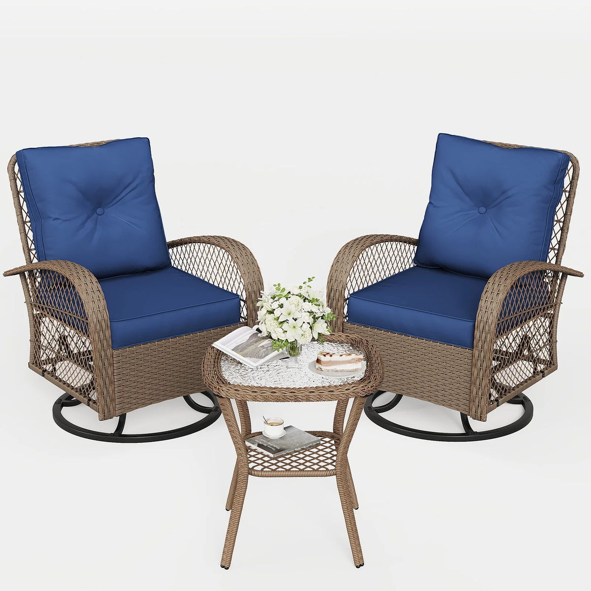 ELPOSUN 3 Pieces Patio Furniture Set, Outdoor Swivel Gliders Rocker, Wicker Patio Bistro Set with Rattan Rocking Chair, Glass Top Side Table and Thickened Cushions for Porch Deck Backyard