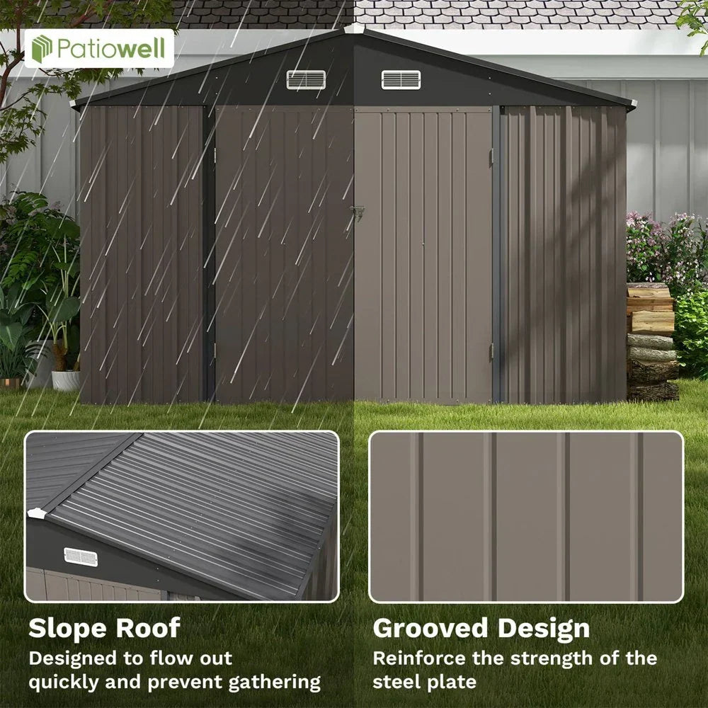 Patiowell 10×10 ft Metal Storage Shed, Sloping Roof, Double Lockable Doors, Galvanized Steel, Coffee Brown