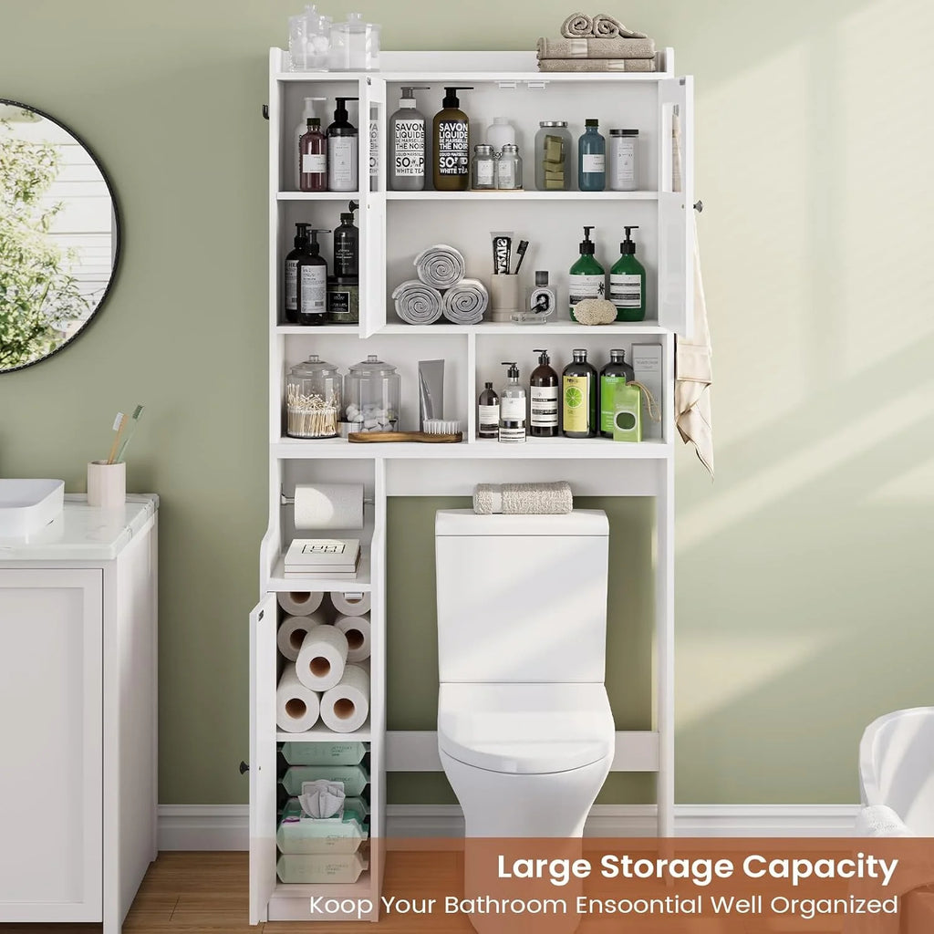 Over the Toilet Storage Cabinet with 3 Doors, Farmhouse Space Saver for Bathroom Organizer with Paper Holder, 10 Shelves and Hooks, 7 - Tier Over Washing Machine Cabinet for Laundry, Bathroom, Natural