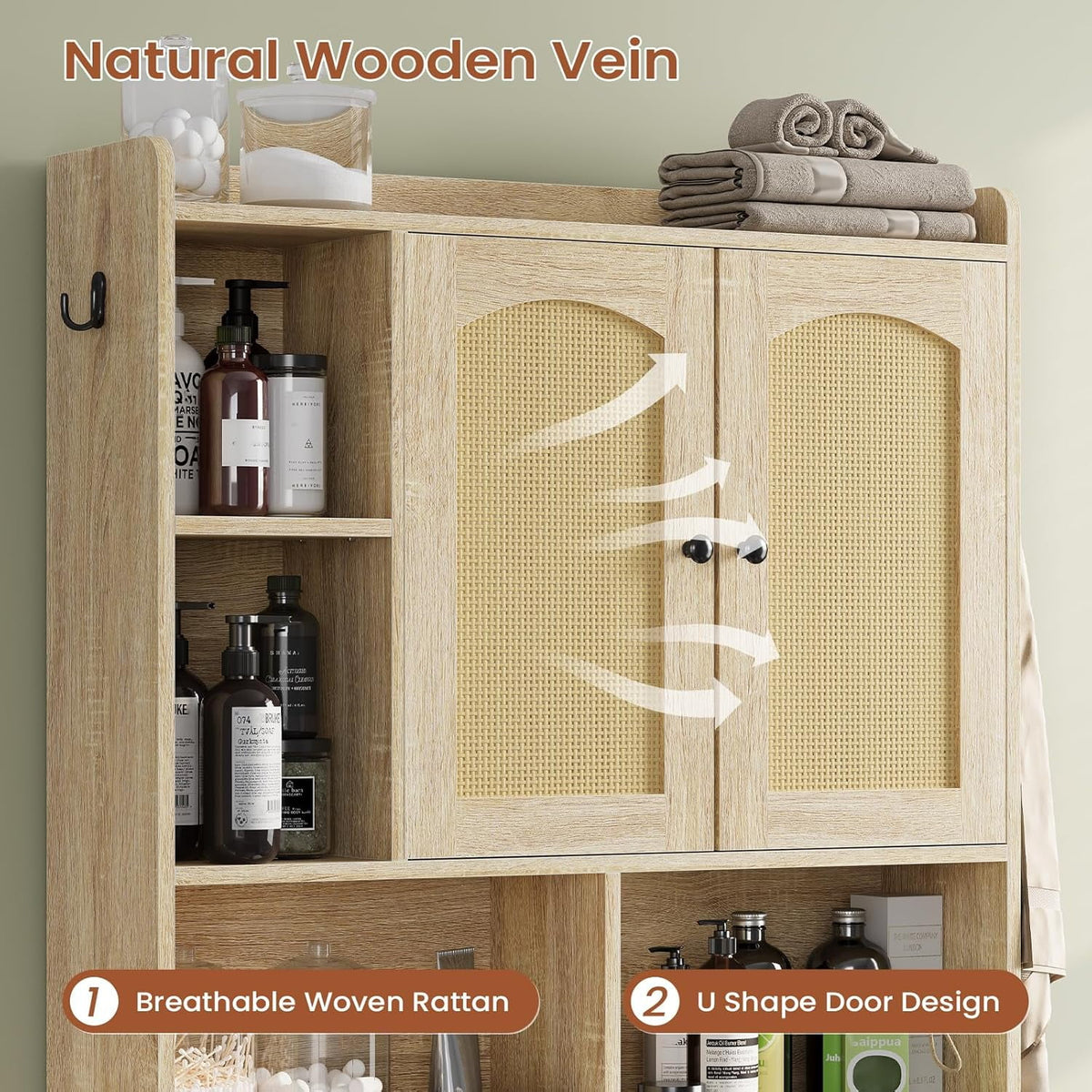 Over the Toilet Storage Cabinet with 3 Doors, Farmhouse Space Saver for Bathroom Organizer with Paper Holder, 10 Shelves and Hooks, 7 - Tier Over Washing Machine Cabinet for Laundry, Bathroom, Natural
