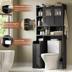 Over the Toilet Storage Cabinet with 3 Doors, Farmhouse Space Saver for Bathroom Organizer with Paper Holder, 10 Shelves and Hooks, 7 - Tier Over Washing Machine Cabinet for Laundry, Bathroom, Natural