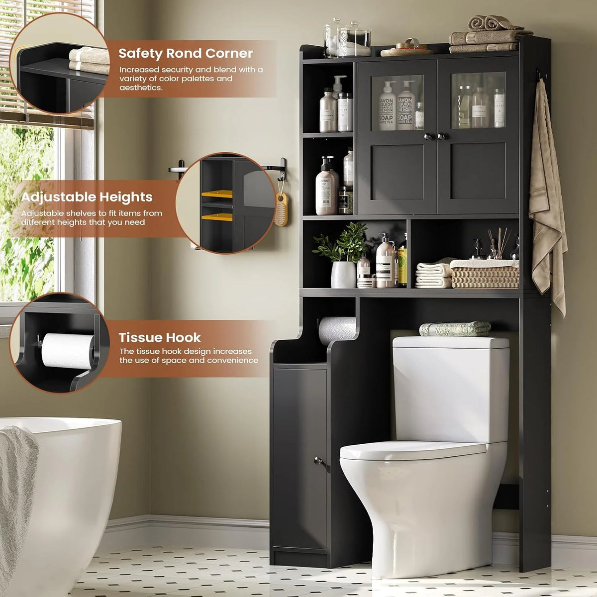 Over the Toilet Storage Cabinet with 3 Doors, Farmhouse Space Saver for Bathroom Organizer with Paper Holder, 10 Shelves and Hooks, 7 - Tier Over Washing Machine Cabinet for Laundry, Bathroom, Natural