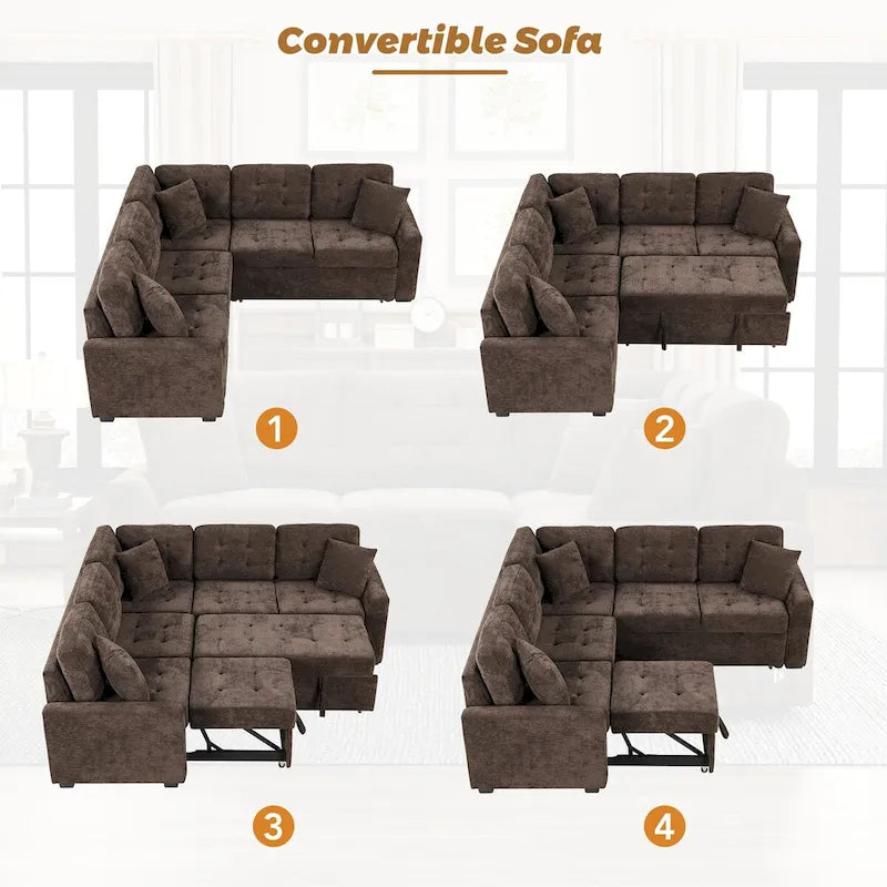 82.6-Inch L-Shaped Sleeper Sofa with Pull-Out Feature, Wheels, USB Ports, and Power Sockets - Dimensions: 82.6W x 82.6D x 33H