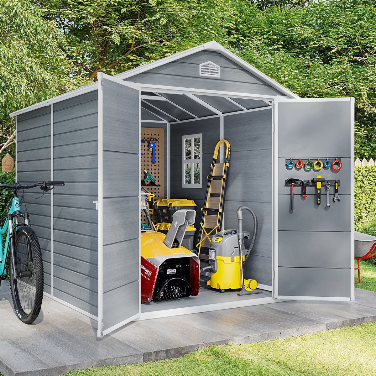 6x4 FT Resin Storage Shed, Lofka Plastic Outdoor Shed with Heavy Duty Floors, 135.6 cu ft, Colorfast, Side Window, Double Lockable Doors for Garden Backyard