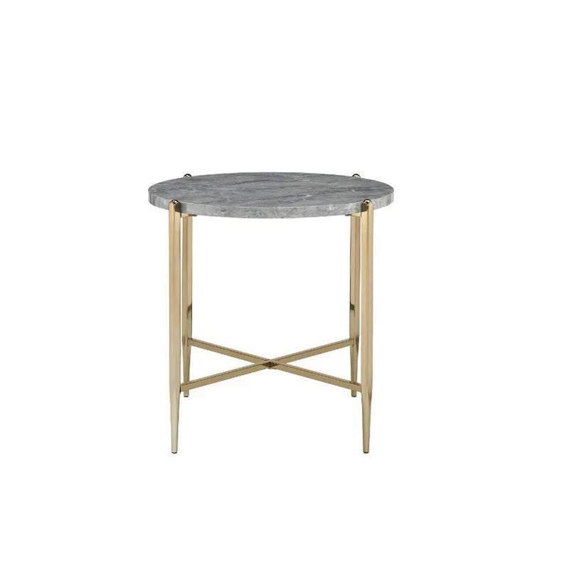 Gray and Gold End Table with Oval Marble Top and X-Shaped Base