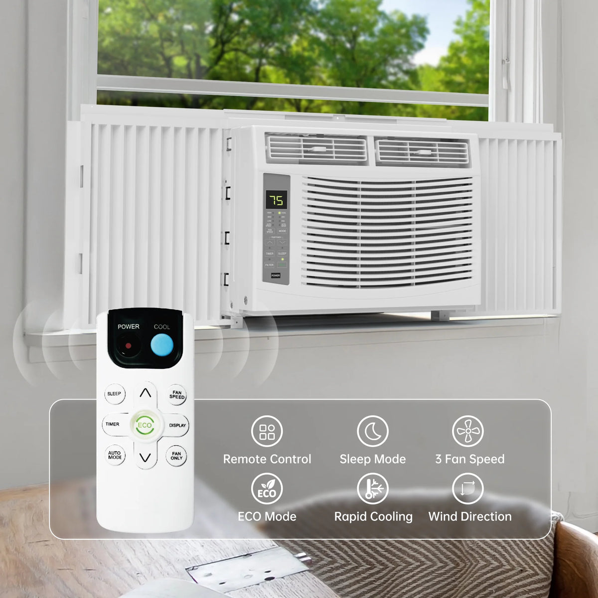 Window Air Conditioner 6000 BTU Cool to 250 Sq Ft Intelligent, LED, Remote Control, Easy to Clean Filter Screen, Can Be Used As a Dehumidifier/Fan, Operates Quietly, and Is Energy - Saving