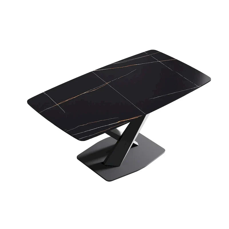 63-Inch Contemporary Dining Table with Slate Stone Surface and Metal Legs, Marble Finish