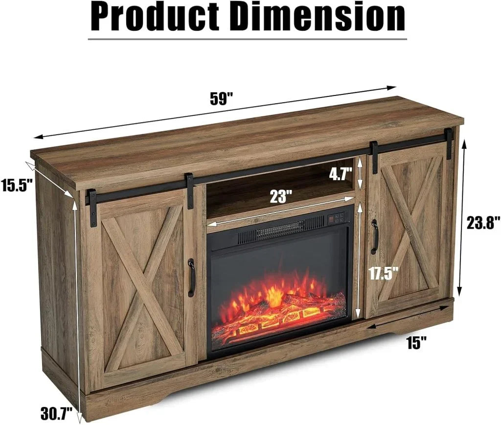AMERLIFE Fireplace TV Stand with Sliding Barn Door for TVs up to 73", Farmhouse 63" Fireplace Entertainment Center with Storage Cabinets/Adjustable Shelves