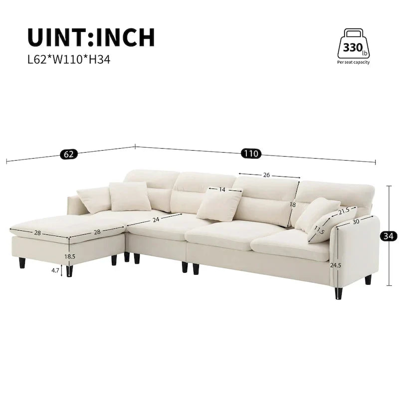 110-Inch L-Shaped 5-Seater Sectional Sofa with Removable Ottoman, Cloud Chenille Fabric, and 5 Cushions