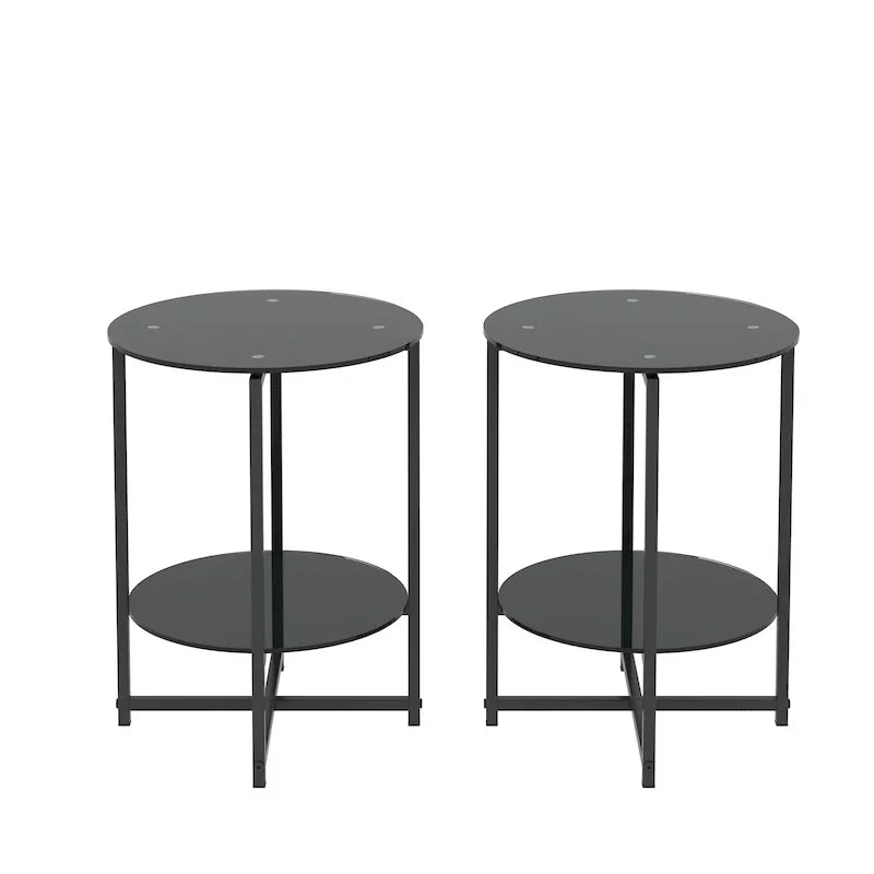 Black 2-Piece Tempered Glass End Table Set - Round Coffee Table for Bedroom, Living Room, and Office