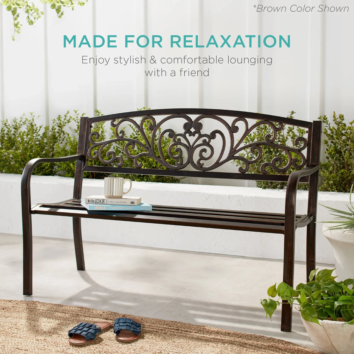 Best Choice Products Outdoor Steel Bench Garden Patio Porch Furniture W/ Floral Design Backrest - Black