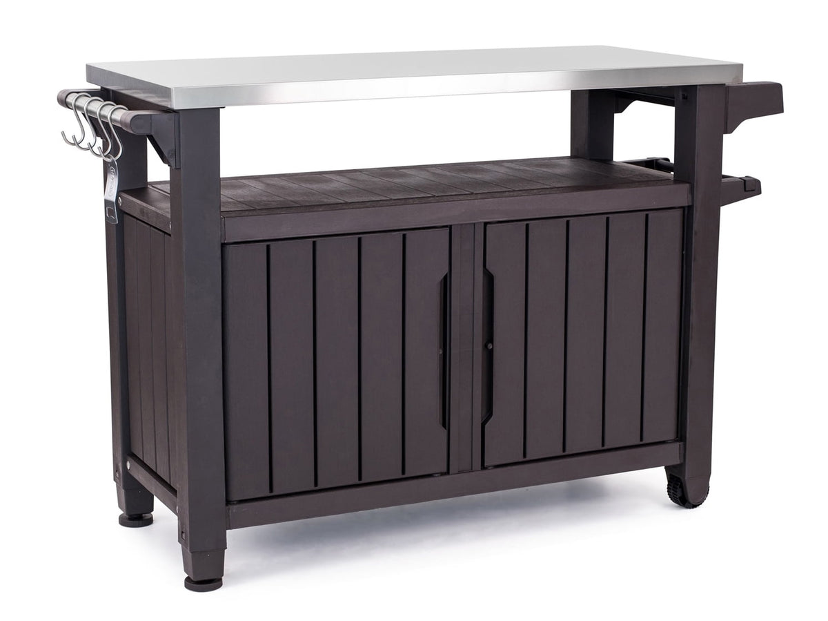 Unity XL Portable Outdoor Table and Storage Cabinet with Accessory Hooks. Espresso Brown
