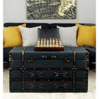 Roche River Decor Faux Leather or Linen Fabric Coffee Table Trunk with 2 Drawers and Buckle Hinged Top - Available in Dark Blue or Brown