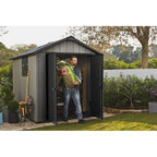 Oakland 7 x 7 FT Rustic Worn Wooden Texture Storage Shed with High Ceiling And Victorian Window