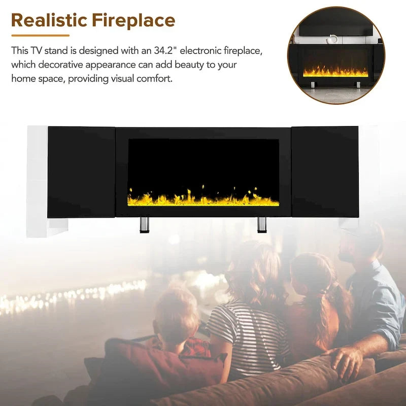 Contemporary Black 68.1" TV Stand with Fireplace and 2 Spacious Cabinets for TVs Up to 78"