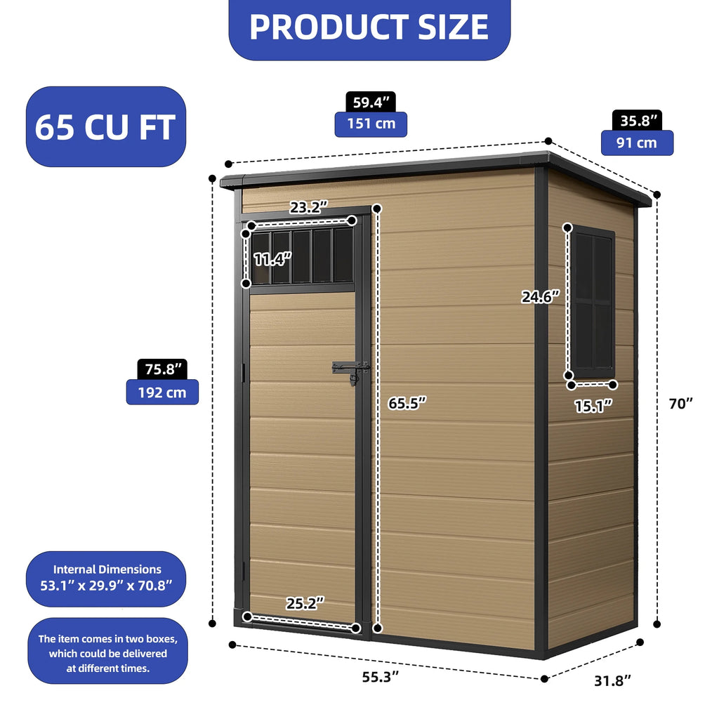 Modfusion 4.62.66.3 Ft Resin Storage Shed with Window, Floor, Plastic Roof, Storage Cabinets for Brooms Vacuum Cleaners Fits 65 to 68 in, Winter Gear Box, Black