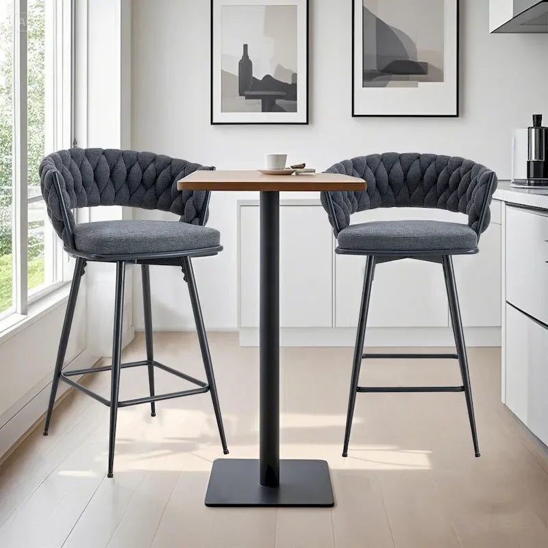Pair of Swivel Bar Stools with Comfortable Linen Cushions - Counter Height Seating for Kitchen Islands, Dining Areas, or Pubs
