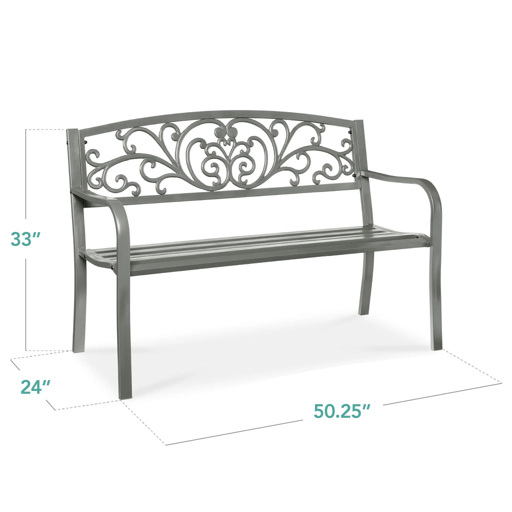 Best Choice Products Outdoor Steel Bench Garden Patio Porch Furniture W/ Floral Design Backrest - Black
