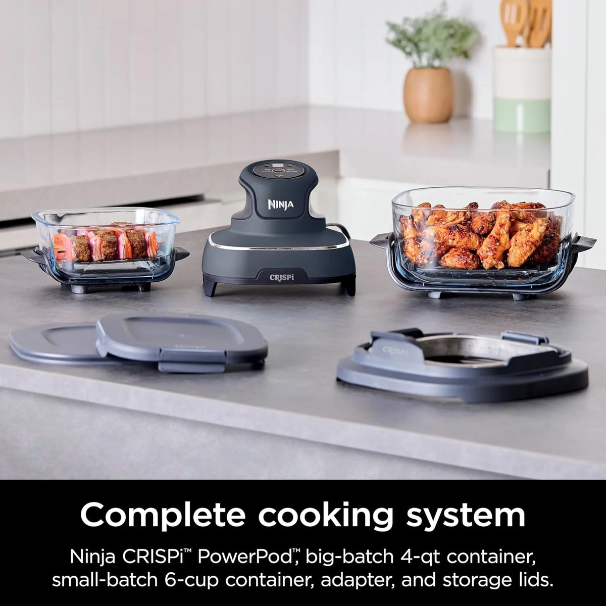 Ninja Crispi 4 - in - 1 Portable Glass Air Fryer Cooking System, 4 - Qt & 6 - Cup Containers, Cyberspace