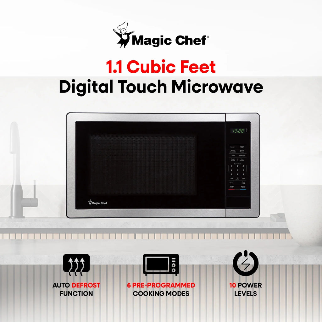 Magic Chef 1.6 Cu. ft. 1100W Countertop Microwave Oven with Push-Button Door in Black, New