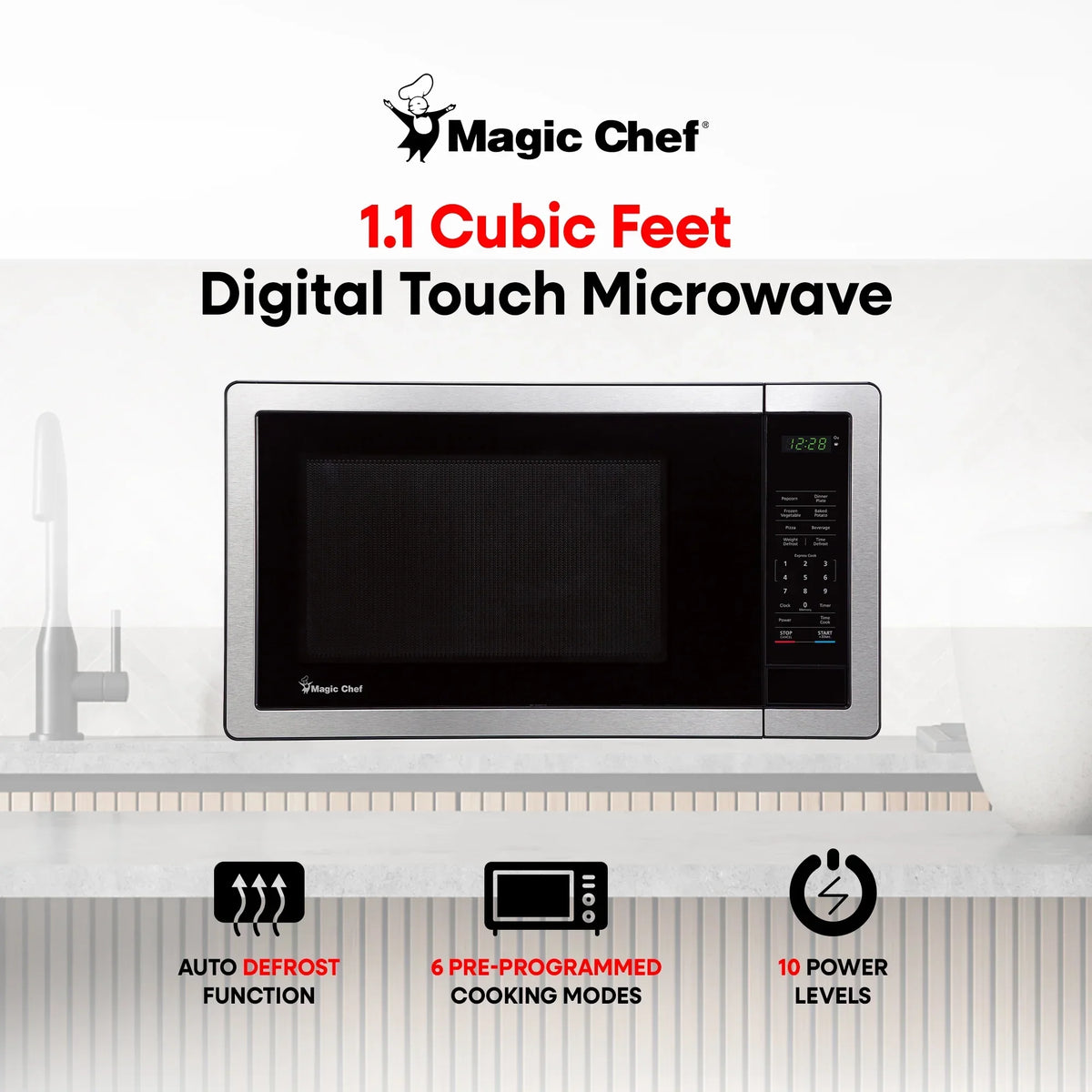Magic Chef 1.6 Cu. ft. 1100W Countertop Microwave Oven with Push-Button Door in Black, New