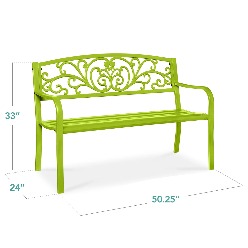 Best Choice Products Outdoor Steel Bench Garden Patio Porch Furniture W/ Floral Design Backrest - Black