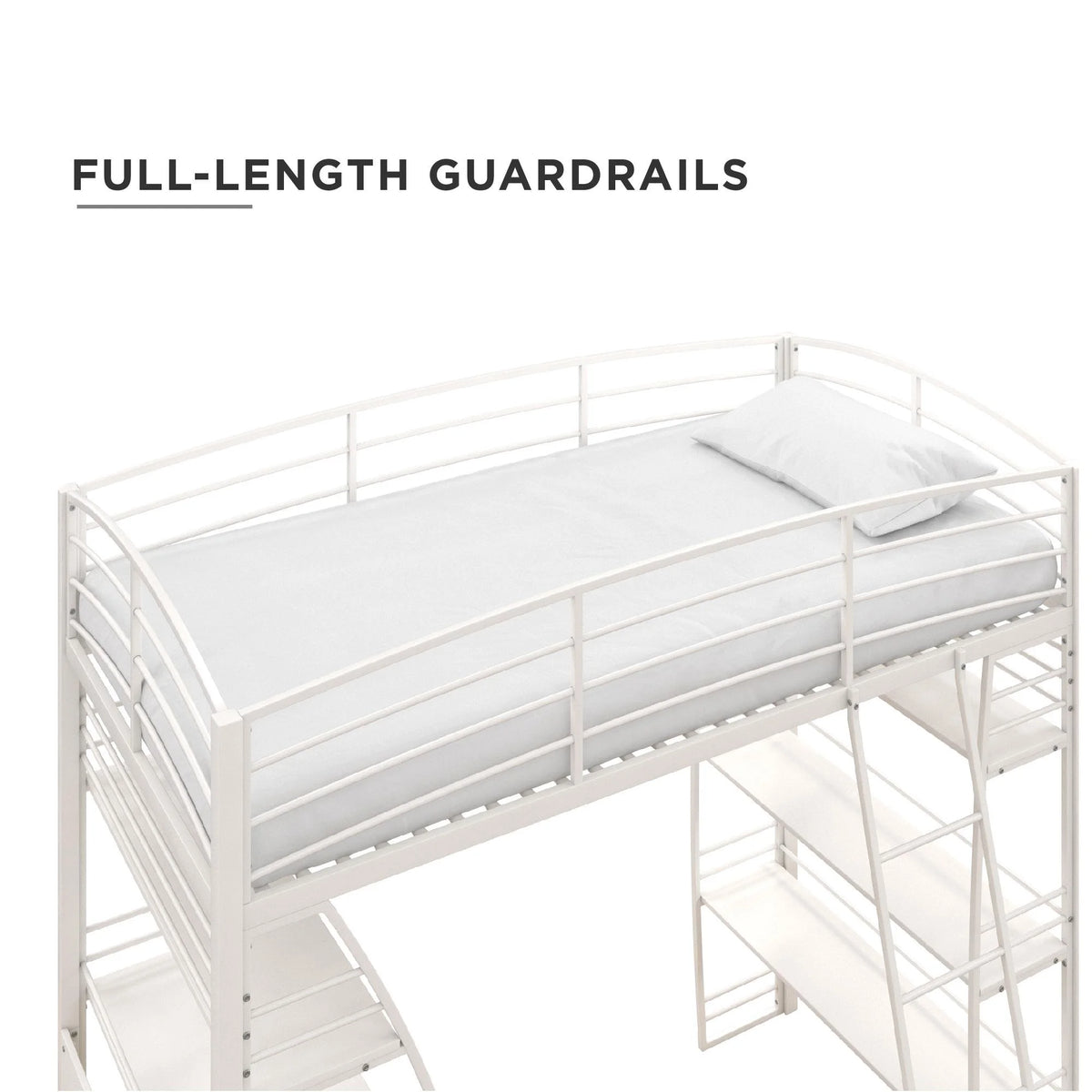 DHP Sage Studio Twin Metal Loft Bed with Integrated Desk and Shelves, Off White