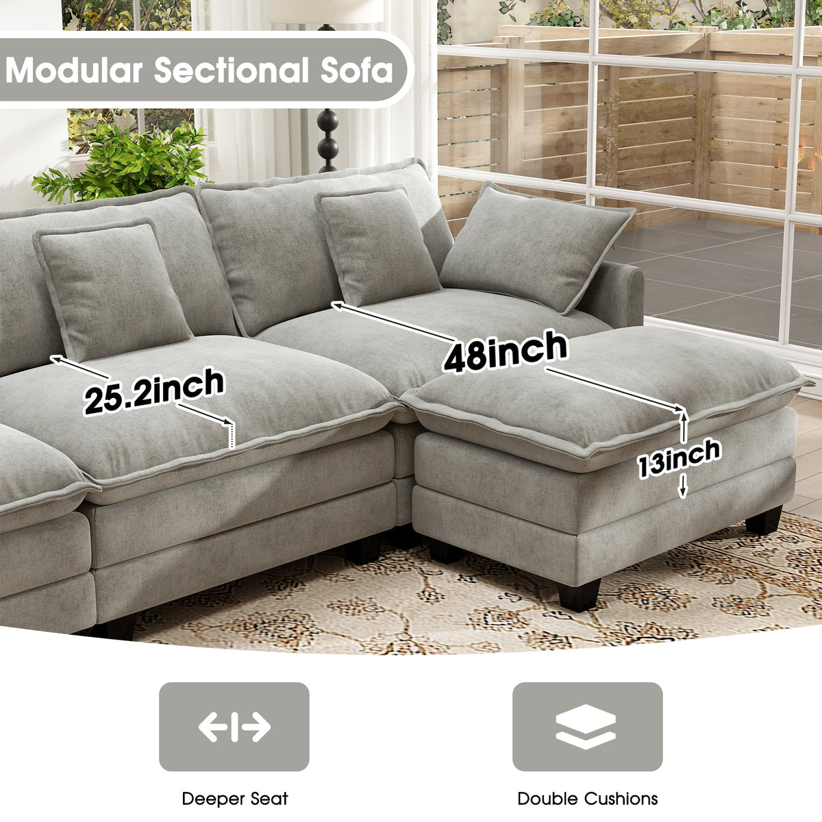 Bedluxury 111.5'' Modular Sectional Sofa with Movable Ottomans, U Shaped Cloud Couch for Living Room, 3 - Seat, Grey