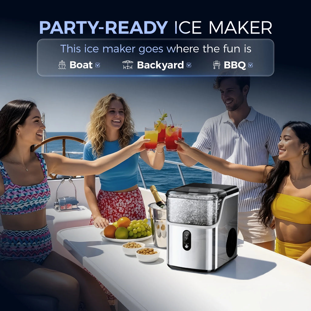 Simzlife Nugget Ice Maker Countertops, 35.9 lb per Day Portable Pebble Ice Machine, Crushed Sonic Ice Maker with Soft Chewable Ice for Home, Party, RV, Camping, Stainless Steel Silver