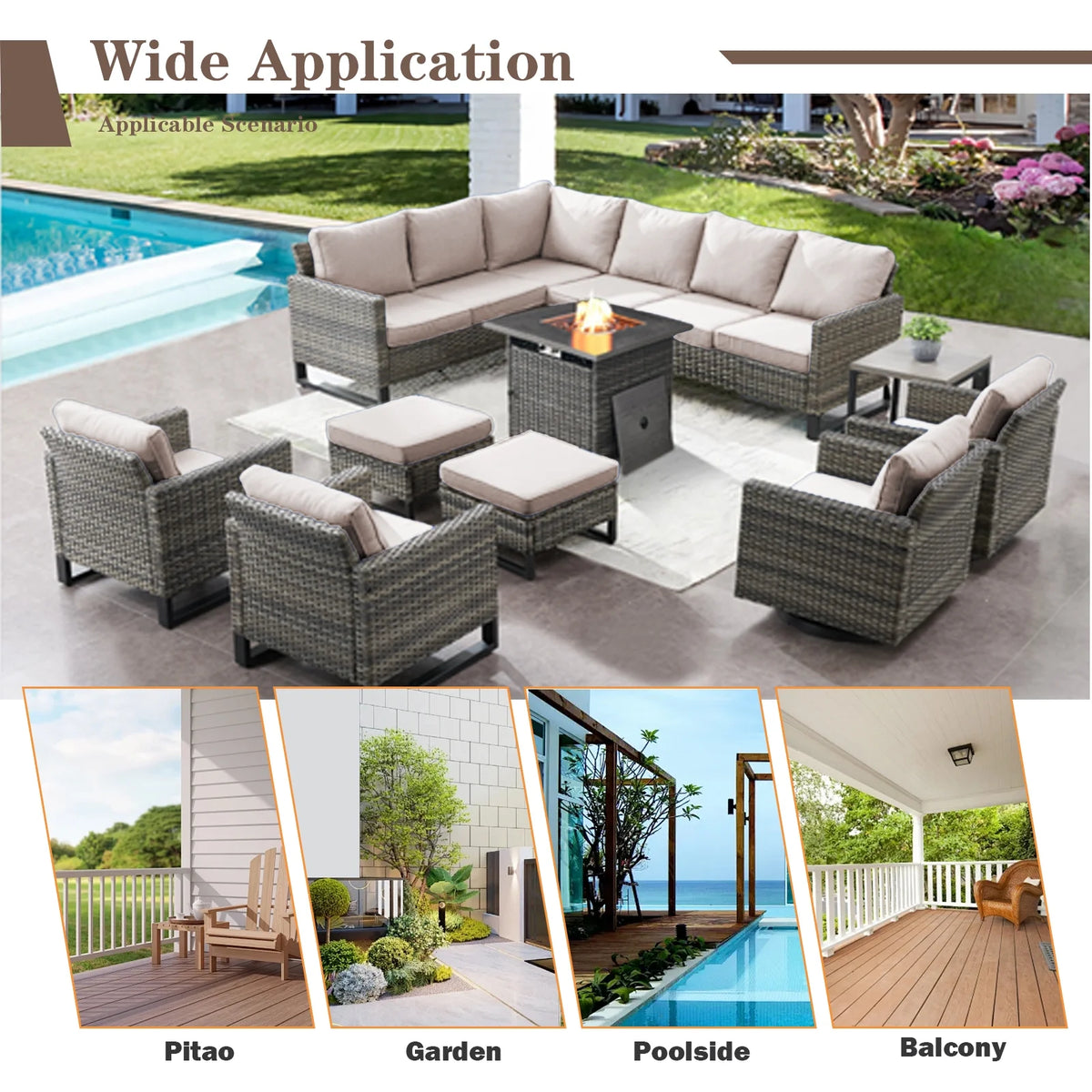 Gymojoy 5 Pieces Outdoor Swivel Rocker Chairs Patio Furniture Set with Gas Fire Pit Table, Wicker Patio Conversation Fire Pit Table Set for Garden, Deck, Porch, Backyard, Beige