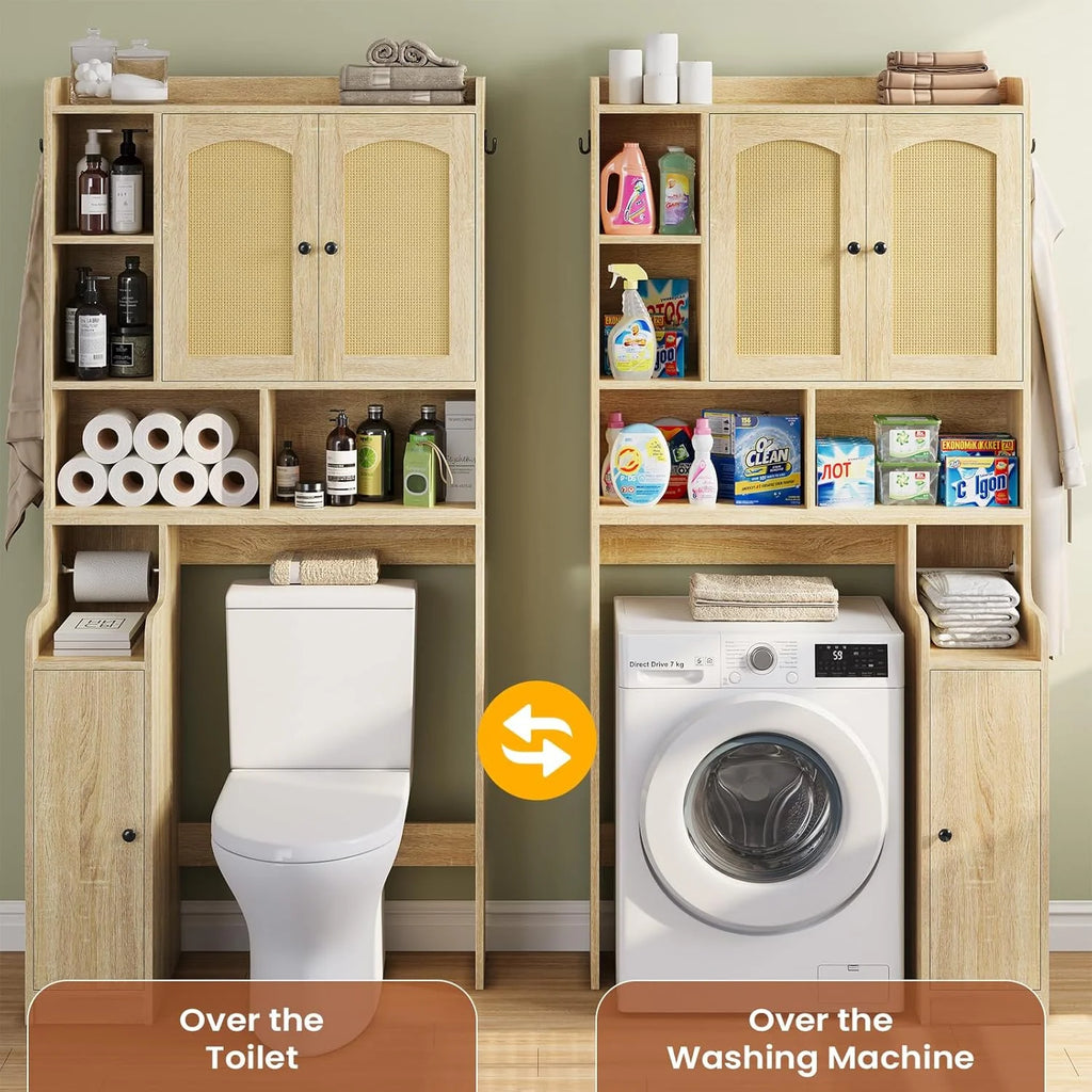 Over the Toilet Storage Cabinet with 3 Doors, Farmhouse Space Saver for Bathroom Organizer with Paper Holder, 10 Shelves and Hooks, 7 - Tier Over Washing Machine Cabinet for Laundry, Bathroom, Natural