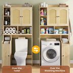 Over the Toilet Storage Cabinet with 3 Doors, Farmhouse Space Saver for Bathroom Organizer with Paper Holder, 10 Shelves and Hooks, 7 - Tier Over Washing Machine Cabinet for Laundry, Bathroom, Natural