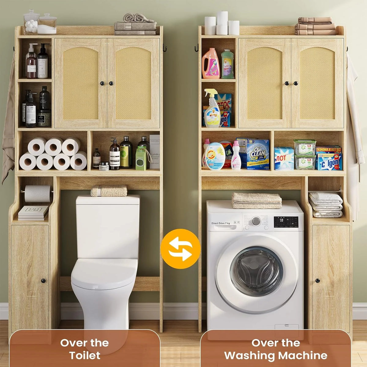 Over the Toilet Storage Cabinet with 3 Doors, Farmhouse Space Saver for Bathroom Organizer with Paper Holder, 10 Shelves and Hooks, 7 - Tier Over Washing Machine Cabinet for Laundry, Bathroom, Natural