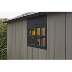 Oakland 7 x 7 FT Rustic Worn Wooden Texture Storage Shed with High Ceiling And Victorian Window