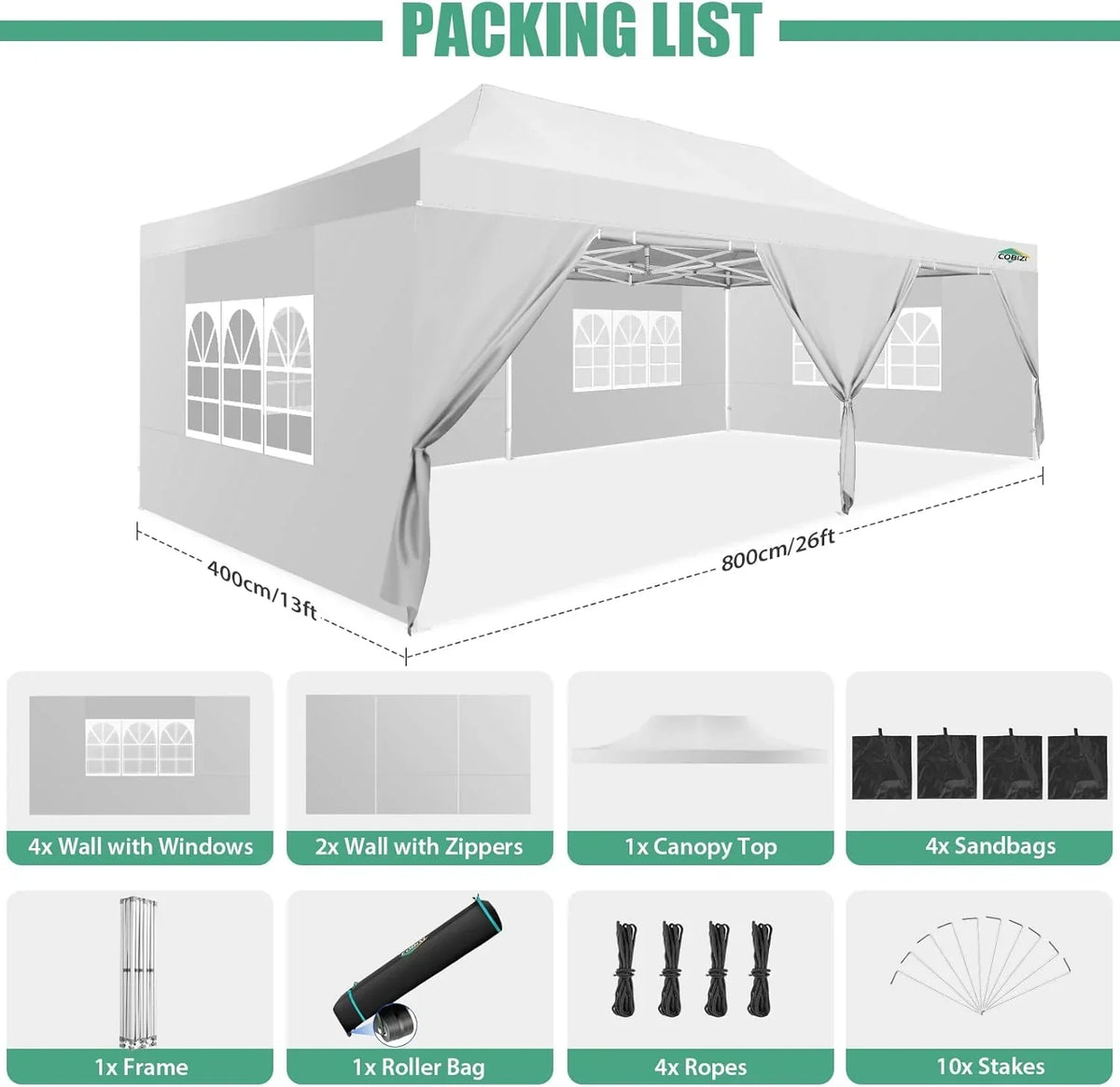 COBIZI 10x20 Heavy Duty Pop up Canopy Tent with 6 sidewalls Easy Up Commercial Outdoor Canopy Wedding Party Tents for Parties All Season Wind & Waterproof Gazebo with Roller Bag,Black(Frame Thickened)