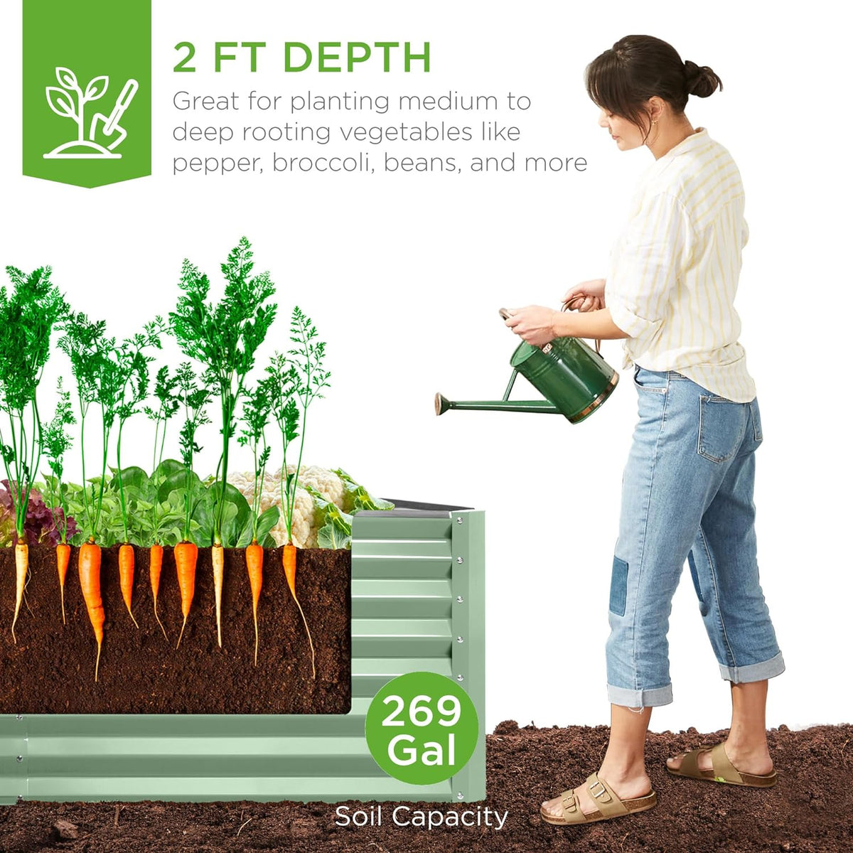 Gloaa 6x3x2ft Outdoor Metal Raised Garden Bed, Deep Root Box Planter for Vegetables, Flowers, Herbs, and Succulents W/ 269 Gallon Capacitysage Green