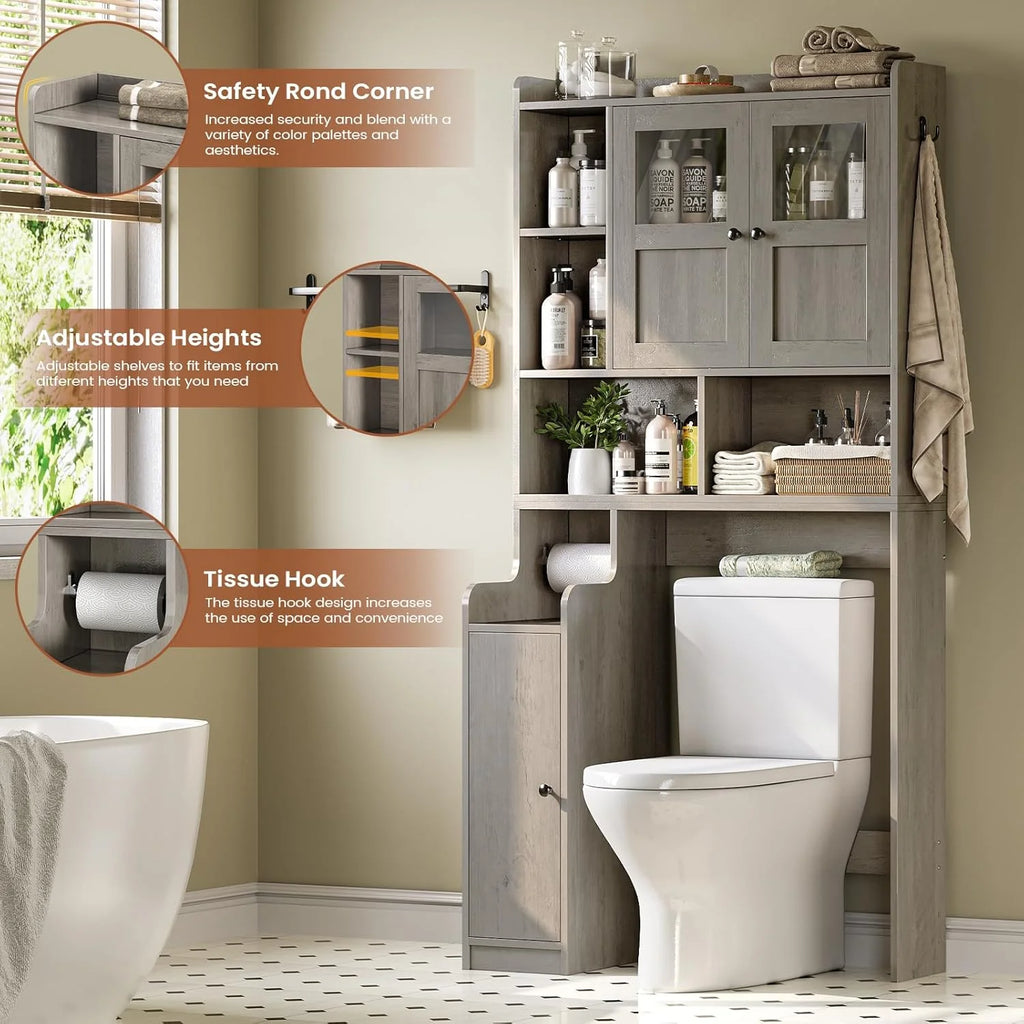 Over the Toilet Storage Cabinet with 3 Doors, Farmhouse Space Saver for Bathroom Organizer with Paper Holder, 10 Shelves and Hooks, 7 - Tier Over Washing Machine Cabinet for Laundry, Bathroom, Natural