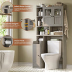Over the Toilet Storage Cabinet with 3 Doors, Farmhouse Space Saver for Bathroom Organizer with Paper Holder, 10 Shelves and Hooks, 7 - Tier Over Washing Machine Cabinet for Laundry, Bathroom, Natural
