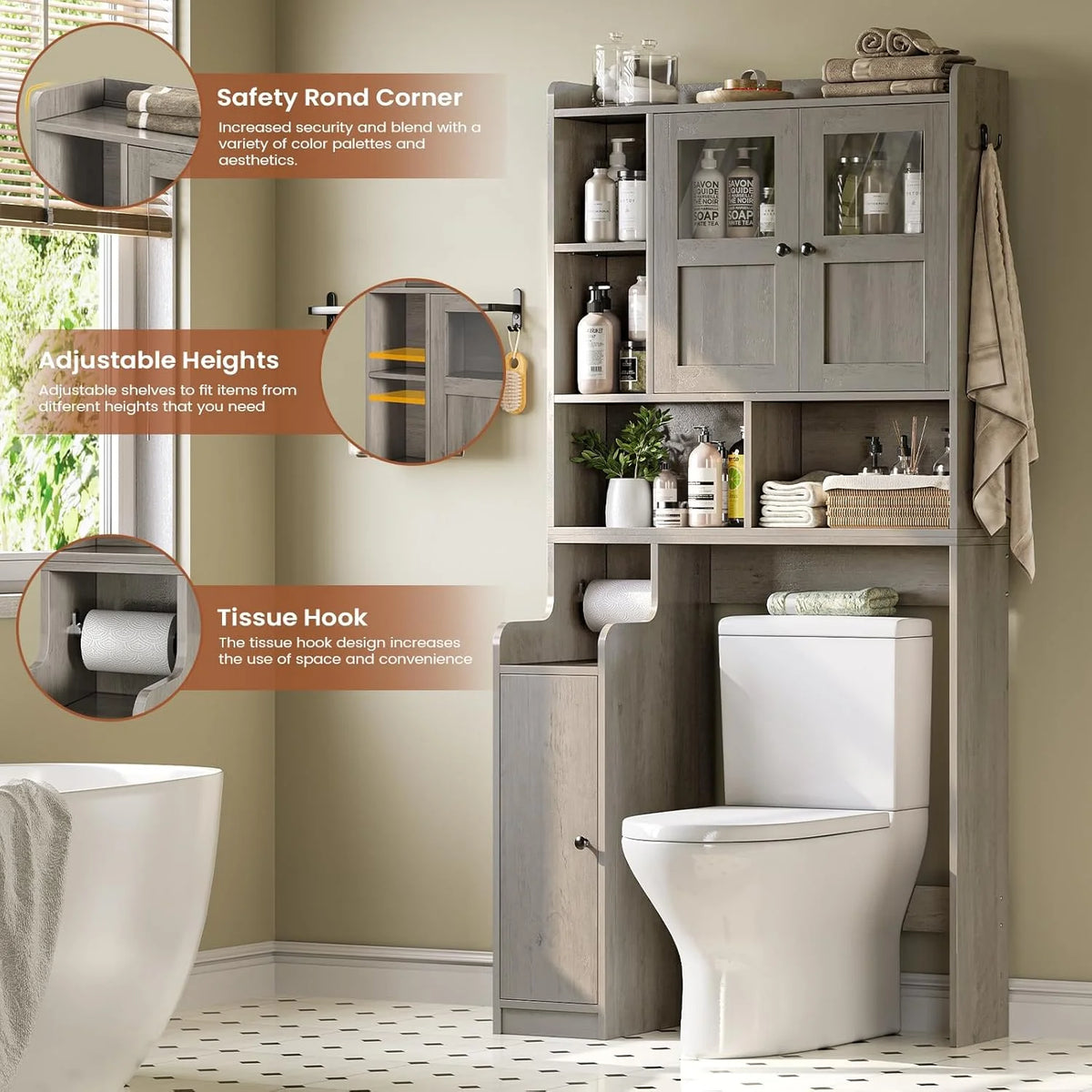 Over the Toilet Storage Cabinet with 3 Doors, Farmhouse Space Saver for Bathroom Organizer with Paper Holder, 10 Shelves and Hooks, 7 - Tier Over Washing Machine Cabinet for Laundry, Bathroom, Natural
