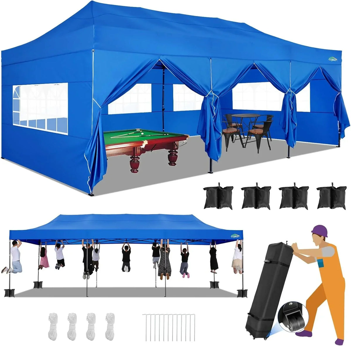 COBIZI 10x20 Heavy Duty Pop up Canopy Tent with 6 sidewalls Easy Up Commercial Outdoor Canopy Wedding Party Tents for Parties All Season Wind & Waterproof Gazebo with Roller Bag,Black(Frame Thickened)