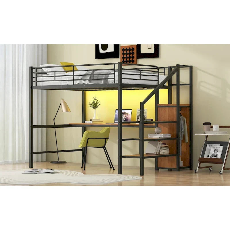 Complete Loft Bed Set with Desk, Storage Staircase, Compact Wardrobe, and LED Lighting