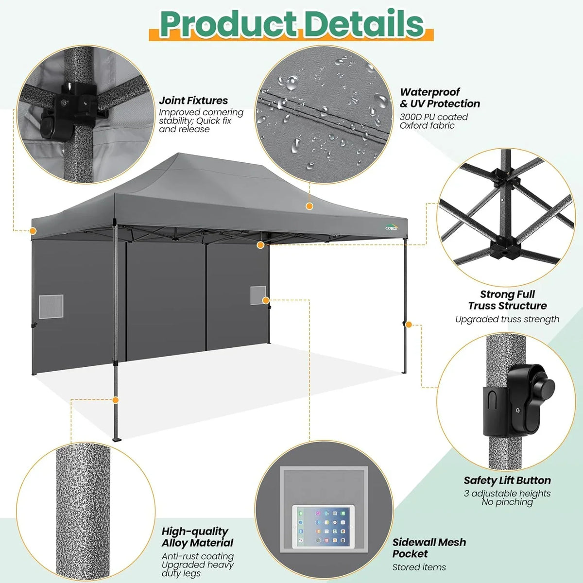 COBIZI 10x20 Heavy Duty Pop up Canopy Tent with 6 sidewalls Easy Up Commercial Outdoor Canopy Wedding Party Tents for Parties All Season Wind & Waterproof Gazebo with Roller Bag,Black(Frame Thickened)