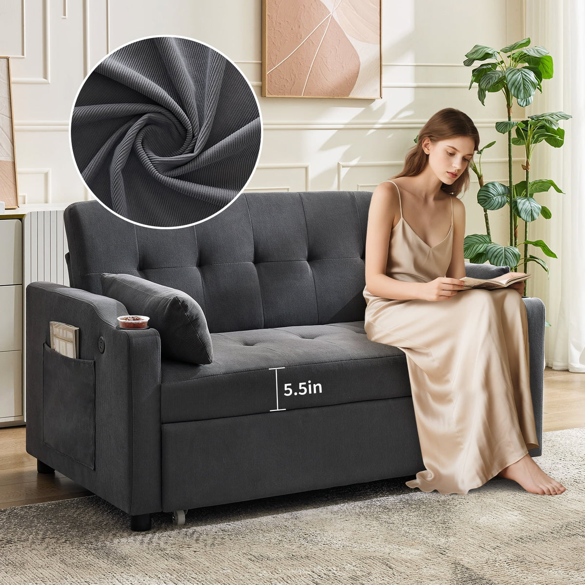 3 in 1 Convertible Sleeper Sofa Bed, Corduroy Futon Couches with Pull - Out Bed, Adjustable Backrest, Charging Port & Side Pockets, Modern Upholstered Sofa for Living Room, Guest Room