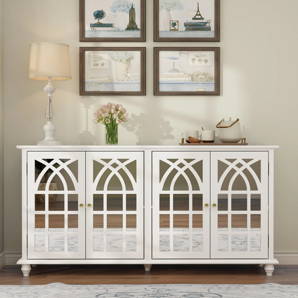 Timechee Buffet Sideboard Accent Table, Console Table Storage Cabinet with Mirror Doors, White