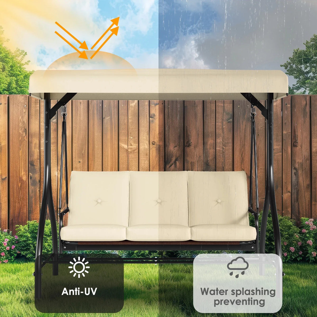 Pirecart 3 Person Patio Porch Swing Outdoor Converting Swing Glider Hammock with Adjustable Canopy, Cushions, Red