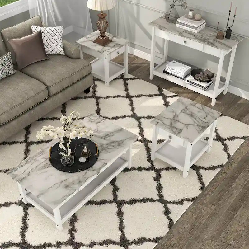Denhour DH BASIC 4-Piece Open-Shelf Coffee Table Set with Drawer in Transitional Rubberwood