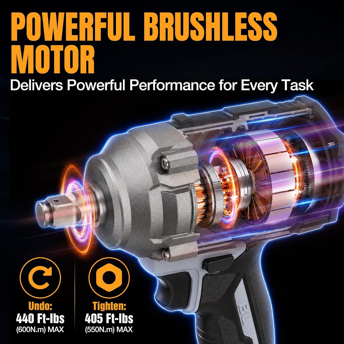 WORKPROX 20V Cordless Impact Wrench Brushless, 440 Ft-Ibs 1/2 Impact Gun | 600N.m High Torque Electric Impact Driver for Car Tire Change, Mower, Pickup & Home Repair, 3 Speeds, LED, 4 Sockets
