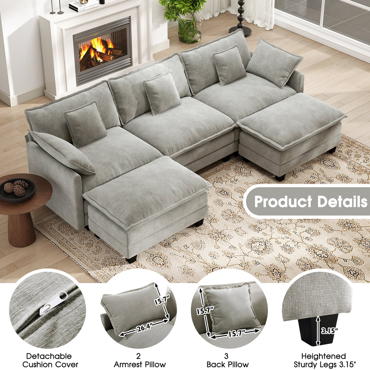 Bedluxury 111.5'' Modular Sectional Sofa with Movable Ottomans, U Shaped Cloud Couch for Living Room, 3 - Seat, Grey