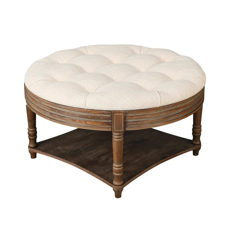 Round Storage Ottoman Coffee Table with Tufted Seat and Wooden Base